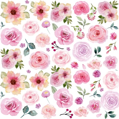 Floral Wall Decals Peel and Stick | 60PCS Watercolor Peony Flower & Leaves Stickers | Removable Vinyl Wall Art for Girls Bedroom, Nursery, Living Room | Pastel Home Decor - color: Watercolor Floral