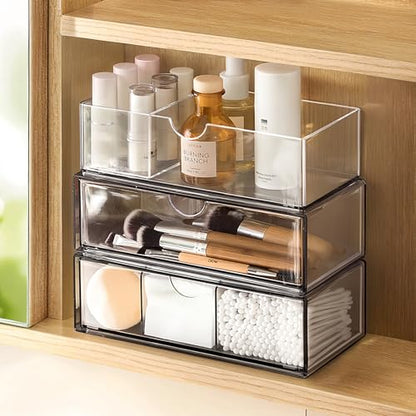 PAVSTINE Medicine Cabinet Organizer 3 Pack, Plastic Stackable Storage with 2 Drawers, Bathroom Mirror Cabinet Organizer with Removable Dividers for Wall Cabinet, Vanity, Countertop, Clear - size: 3-Tier