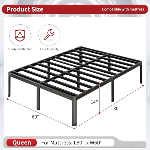 Yicensen 14 Inch Queen Bed Frame Heavy Duty Rounded Corner Legs Platform Bed Frame Queen Size, Easy Assembly, Noise Free, No Box Spring Needed, Black. - size: Queen, style: 14 Inch