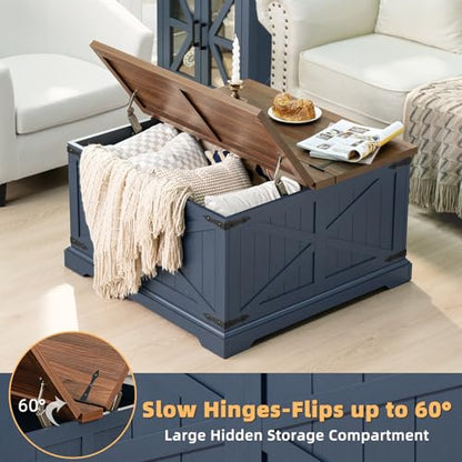Joaxswe Farmhouse Coffee Table with Large Hidden Storage Compartment, Navy Blue Square Center Table, Wood Rustic Low Modern Living Room Tables with Hinged Lift Brown Top & Wooden Arc Base - color: Blue, style: With Base