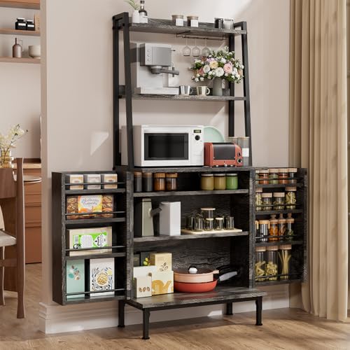 58” Pantry Cabinets with Microwave Shelves, Freestanding Kitchen Storage Cabinet with Adjustable Shelves, Buffet Cupboards for Kitchen, Dining Room, Living Room Use, Dark Gray Oak - color: B-58" Dark Grey