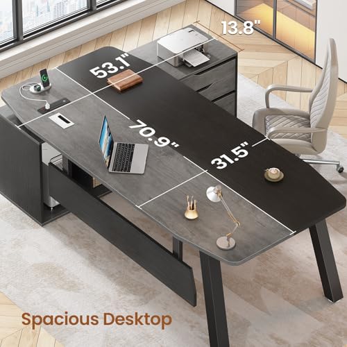 SEDETA 71" L Shaped Executive Desk with File Cabinet & Power Outlet | Computer Desk with 3 Storage Drawers, Adjustable Shelves, CPU Stand, Privacy Baffle, Modern Desk for Home Office, Gray - color: Grey