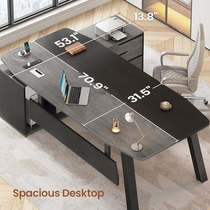 SEDETA 71" L Shaped Executive Desk with File Cabinet & Power Outlet | Computer Desk with 3 Storage Drawers, Adjustable Shelves, CPU Stand, Privacy Baffle, Modern Desk for Home Office, Gray - color: Grey