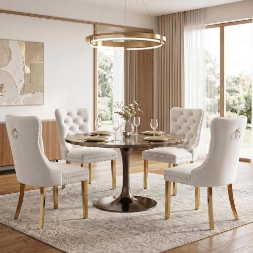 Velvet Upholstered Dining Chairs Set of 2, Modern Style Kitchen Side Chairs with Nailhead Trim and Gold Plated Leg, Metal Pulling Ring for Dining Room Living Room(Beige-Gold Plated Leg) - color: Beige-gold Plated Leg, size: Set of 2