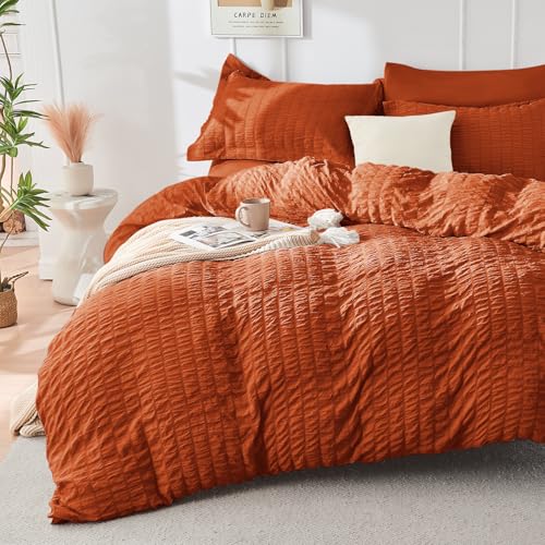 HYMOKEGE Burnt Orange Twin Size Duvet Cover, Ultra Soft 2-Piece Seersucker Duvet Cover Set with Zipper Closure, Soft Brushed Microfiber Bedding Set with 8 Corner Ties (68"x90", 1 Pillowshams) - color: 04 - Burnt Orange (No Comforter), size: Twin(68"×90")