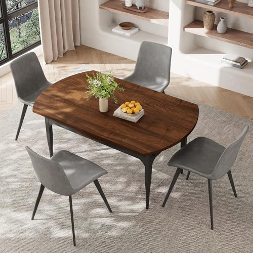 HIPIHOM 55‑Inch Extendable Dining Table Set with 4 Upholstered Chairs and Metal Frame for Dining Room - color: Walnut/Grey-c
