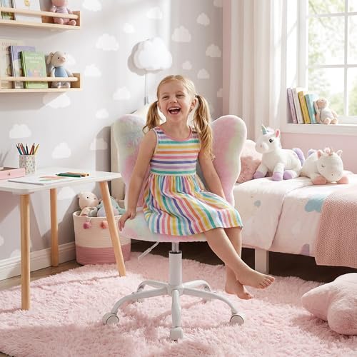 chairus Kids Desk Chair Butterfly Faux Fur Study Chair for Teenage Girls Adjustable Kids Vanity Chair for Bedroom Reading Living Room, Small Cute Student Task Chair with White Foot, Macaron - color: Butterfly, Macaron