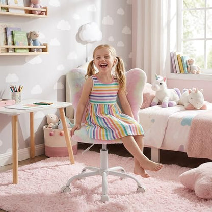 chairus Kids Desk Chair Butterfly Faux Fur Study Chair for Teenage Girls Adjustable Kids Vanity Chair for Bedroom Reading Living Room, Small Cute Student Task Chair with White Foot, Macaron - color: Butterfly, Macaron