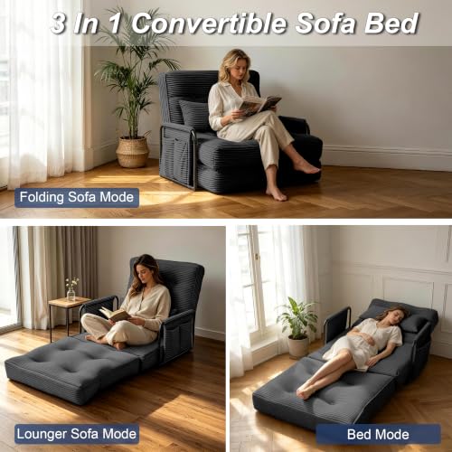 Futon Sofa Bed,Convertible Sofa Bed,Folding Boneless Couches | 3-in-1 Folding Sofa Bed,Boneless Couches for Living Room with Pillow & Side Pocket,High-density Foam,Single Sleeper,Black - color: Balck, size: Single