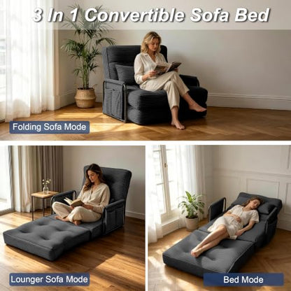Futon Sofa Bed,Convertible Sofa Bed,Folding Boneless Couches | 3-in-1 Folding Sofa Bed,Boneless Couches for Living Room with Pillow & Side Pocket,High-density Foam,Single Sleeper,Black - color: Balck, size: Single