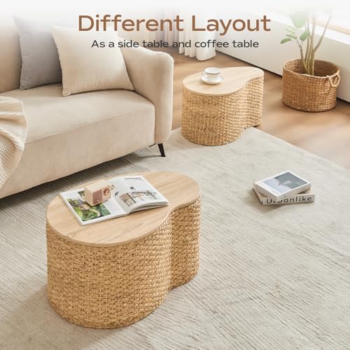 Cloud Nesting Coffee Table Set of 2 with Storage - Handwoven Wicker Rattan Ottoman Style, Boho Coastal Coffee Tables for Living Room, Rattan Coffee Table with Cover & Soild Wood Frame - color: Light Natural - Heart Shape