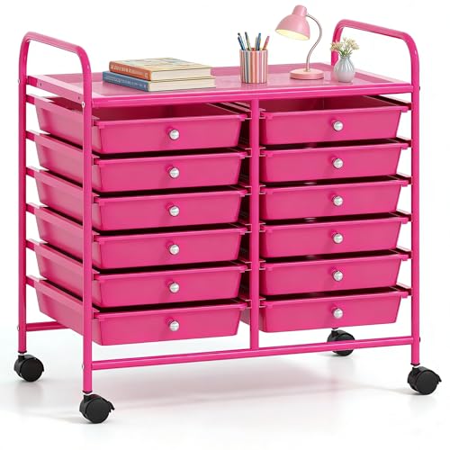 COSTWAY 12-Drawer Rolling Storage Cart, Utility Storage Organizer Cart | For Tools, Scrapbook, Paper, Craft, Multipurpose Art Supply Organizer on Wheels for Home Office School, Teacher, Hot Pink - color: Hot Pink, size: 25"L x 15"W x 24.5”H (12 Drawer)