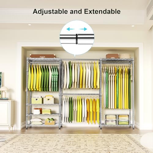 E1 Heavy Duty Closet Garment Rack, 6 Tiers Adjustable Clothing Storage | Metal Freestanding Expandable Clothes Rack with 4 Hanger Rods, Easy to Assemble Wardrobe, Chrome - color: Chrome