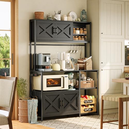Huuger Large Bakers Rack with Power Outlet, Kitchen Microwave Stand with Cabinets, Coffee Bar Table Station with Storage, 6 S-Shaped Hooks, Mesh Shelves, 45 Inch Wooden Top, Black - color: Black