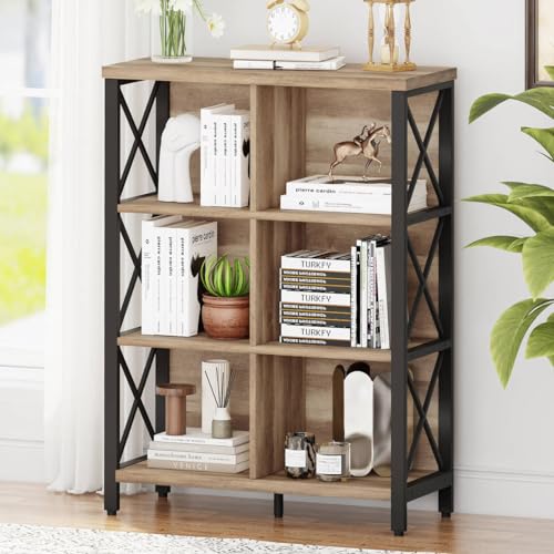 Bookcase, 6 Cube Storage Organizer Shelf, Wood and Metal Cubby Book Shelf, Industrial 4 Tier Cube Bookshelf (Rustic Oak) - color: Rustic Oak, size: 6 Cube