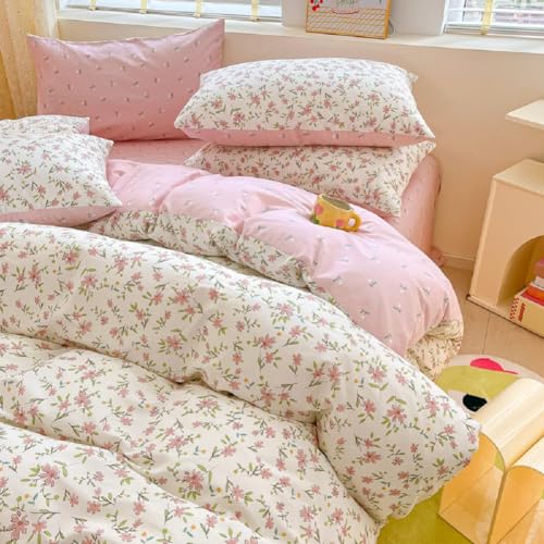 LifeTB Aesthetic Pink Floral Duvet Cover Queen 100% Cotton Pink Flower Bedding Set Vintage Style Botanical Floral Comforter Cover Girls Cottagecore Duvet Cover with 2 Pillowcases - color: A2# Pink Floral, size: Queen (90"x90")