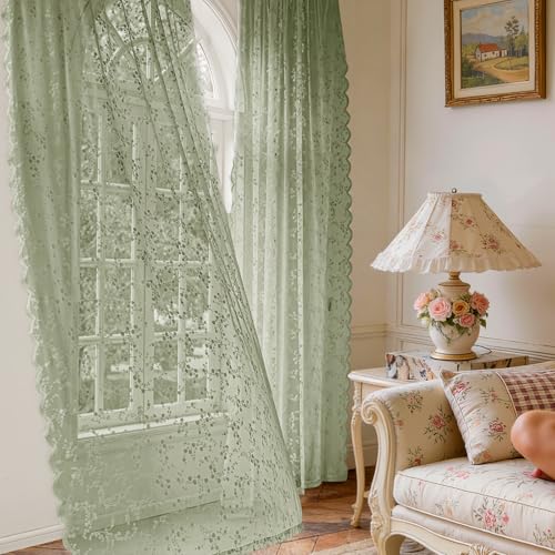 Vintage Floral Lace Sheer Curtains 45 Inches Long 2 Panels, Flower Branch Pattern, Scalloped Edge, Easy Rod Pocket, Romantic Drapes for Bedroom Living Room (W52xL45) Sage Green - color: Sagegreendream, size: 52"W x 45"L (Pack of 2)