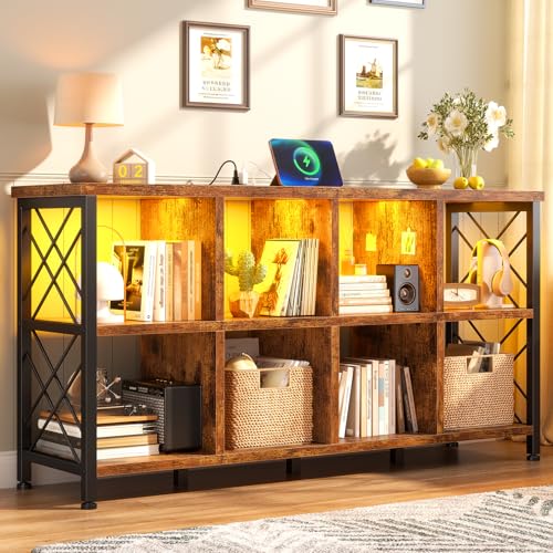 DurayLoly 8 Cube Storage Organizer with LED for Living Room, Rustic Brown | Charging Station, Home Organizer, Holds 245 LBS, Stable Cube Grid Frame - color: Rustic Brown, size: 8 cube
