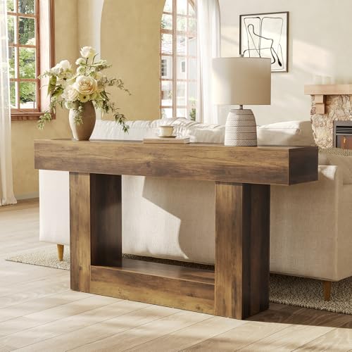 LITTLE TREE 63 Inches Long Console Table, 2-Tier Farmhouse Sofa Table Behind Couch, Large Narrow Entryway Table for Living Room, Wooden Hallway Foyer Table with Heavy Duty Base, Rustic Brown - color: Rustic Brown