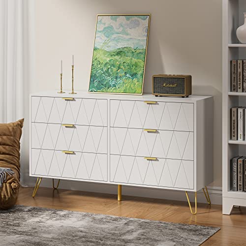 Anbuy White 6 Drawer Dresser for Bedroom Large, Double Dresser with Wide Drawers and Gold Handles, Chest of Drawers - color: White, size: 13.4"D x 47.54"W x 28.73"H(6 Drawers)