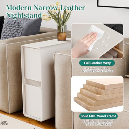 7.8" W Leather Narrow Nightstand Set of 2, Modern Fully-Assembled Bedside Table with 2 Drawers, White Night Stand Small Accent End Table & Side Table for Bedroom, Cream White - color: Cream Set of 2, size: 8in