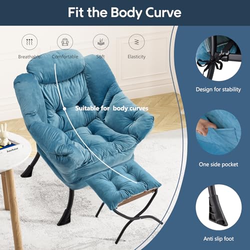 Lazy Chair with Folding Ottoman Modern Large Accent Chair,Contemporary Lounge Leisure Sofa Chair with Armrests Upholstered Sofa Armchair Reading for Bedroom,Dorm & Office(Blue-f) - color: Blue