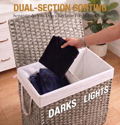 NEWBULIG 110L Extra Large Divided Laundry Hamper with Lid, 2 Section Collapsible Dirty Clothes Basket, Dual Removable Liner Bags for Bedroom, Bathroom, Closet and Dorm Room Organization Grey - color: Grey