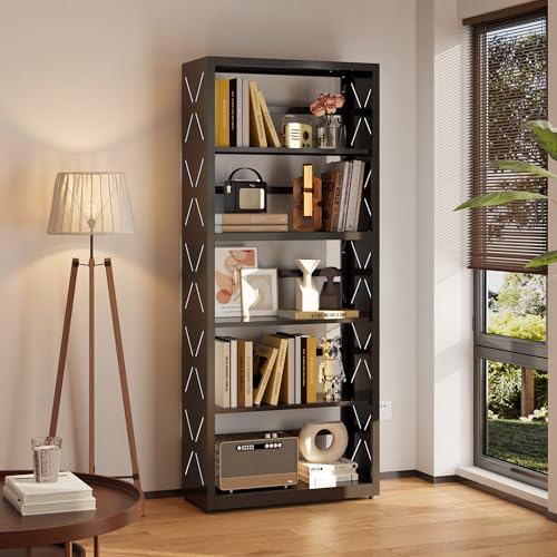 SteeLoong 5 Tier Bookcase,Metal Bookshelf with Adjustable Feet & Shelves | 55"H Black Book Shelf with Bookends,Tall Bookcase for Books & Decor,Modern Open Storage Shelves for Office,Kitchen,Garage - color: Black, size: 5-Tier 23"W