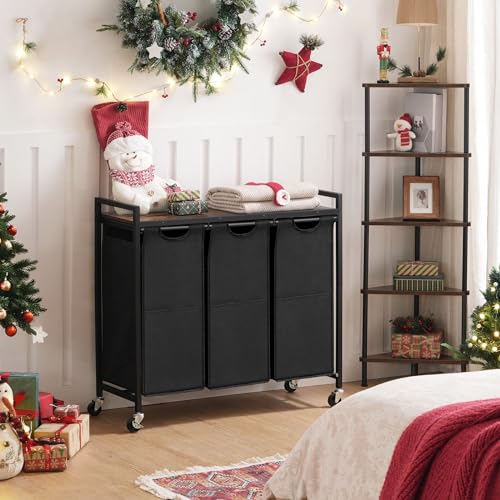 HOOBRO Laundry Sorter 3 Section, Laundry Hamper with Wheels, 3 × 11.5 Gal (43.5 L), Rolling Laundry Basket, Pull-Out and Removable Oxford Fabric Laundry Bags, Rustic Brown and Black BF76XY01 - color: Rustic Brown + Black