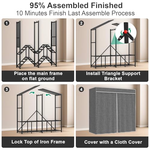 71" Heavy Duty Clothes Rack with Cover, 71" × 20.5" × 69" Portable Wardrobe Closet with Hanging Rod & Storage Shelf, Black Metal Garment Rack, 95% Pre-Assembled - size: 71"*20.5"*69"