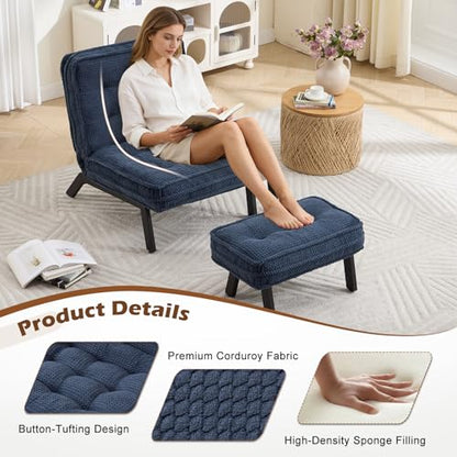 ANJ Accent Chair with Ottoman Adjustable Backrest, Blue Living Room Chair Tufted Upholstered Lounge Chair with Footrest Set, Modern Chair Cozy Reclining Chair for Reading Room Bedroom - color: Blue, size: 1