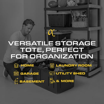 CX Heavy Duty 27-Gallon Stackable Plastic Storage Bins with Lids, 4 Pack | Storage totes for garage organization, Stackable containers, weather-resistant, snap lid, 14.3H x 20.6W x 30.6D, Black/Yellow - size: 27 Gallon