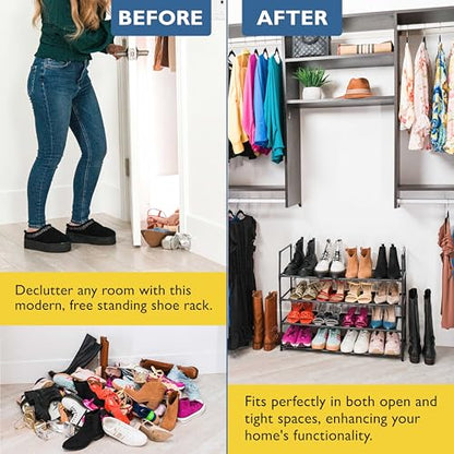 Sundaze Shoe Rack - 4 Tier Shoe Rack for Front Door Entrance, Sturdy Long Shoe Organizer for Closet, Bedroom, Entryway, Garage, Non Woven Fabric Shelf, Black, Holds Up to 20 Pairs - size: 4 Tier (34.3" W)