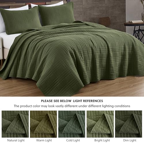 Chezmoi Collection Kingston Queen Size Bedspread Set, 3-Piece Olive Green Oversized Quilted Microfiber Lightweight Bedspread Coverlet (100"x106") for All Seasons - color: Olive Green, size: Queen