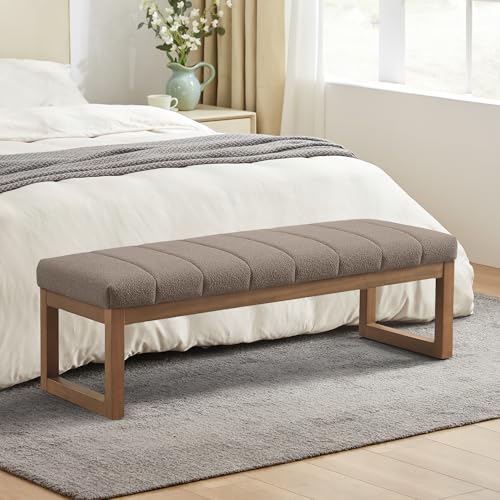 Zihanhome 52.7" Bedroom Bench for End of Bed, Modern Upholstered Teddy Fabric Entryway Bench & Dining Bench, Footrest Stool Bench with Solid Wood Frame for Bedroom, Living Room (Dark Brown) - color: Dark Brown