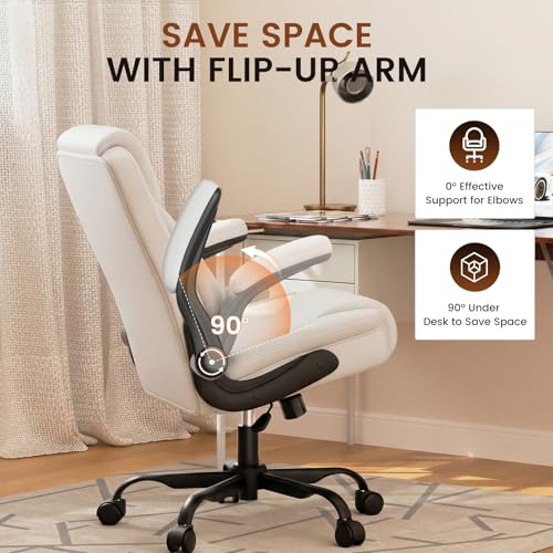 GTPLAYER PU Leather Office Chair, Home Desk Chair with Flip-up Arms, White | Ergonomic Back, Comfy Executive Chair for Home Office Gaming, Flexible Rocking, Heavy Duty Chairs - color: White