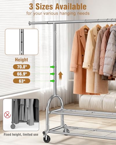 Heavy Duty Clothes Rack for Hanging Clothes Load 556 LBS, Height Adjustable Rolling Clothing Racks, Portable Metal Coat Rack Garment Wardrobe with Wheels and Shelves for Bedroom Laundry, Silver - color: Silver, style: 2 Shelves