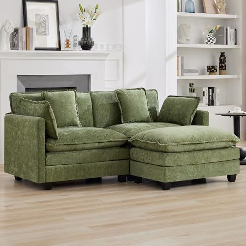 76'' Cloud Deep Seat Loveseat Sofa, Upholstered Chenille Modular 2-Seats Sectional Sofa Couch with Movable Ottoman, Modern Comfy Settee Loveseat for Living Room Set, Small Apartment, Green - color: Green, size: 76'' L Shape