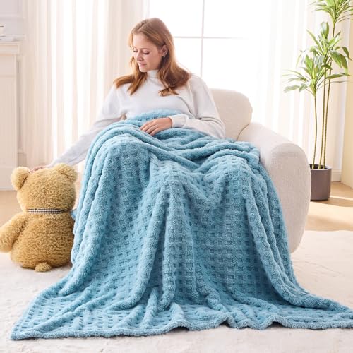 NEWCOSPLAY 3D Waffle Checkered Flannel Twin Blanket, Blue, 60"x80" | Super Soft Cute Lightweight Decorative Premium Silky Fleece Blanket for Couch Sofa Bed, Gift for Women Men, All Season Use - color: Blue, size: Twin(60"x80")