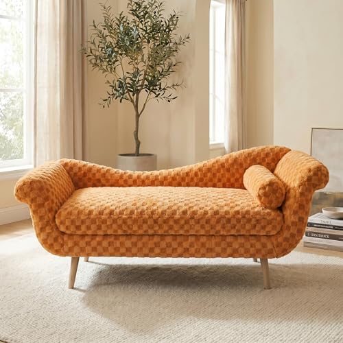 ERYE Upholstered Left Facing Chaise Lounge Chair W/Scroll Arms and Wood Legs, Elegant Chaise Lounge Square Pattern Accent Recliner Lounger Sofa for Living Room Bedroom - color: Orange Faux Fur/L