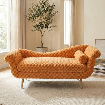 ERYE Upholstered Left Facing Chaise Lounge Chair W/Scroll Arms and Wood Legs, Elegant Chaise Lounge Square Pattern Accent Recliner Lounger Sofa for Living Room Bedroom - color: Orange Faux Fur/L