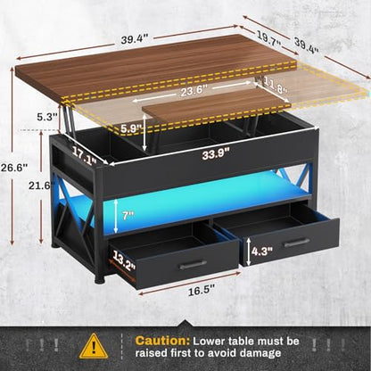 Itaar 40" Lift Top Coffee Table, 4 in 1 White Coffee Tables with Storage for Living Room, Small Coffee Table with 2 Drawers & LED Light for Dining Room, Black+Brown - color: Black+brown