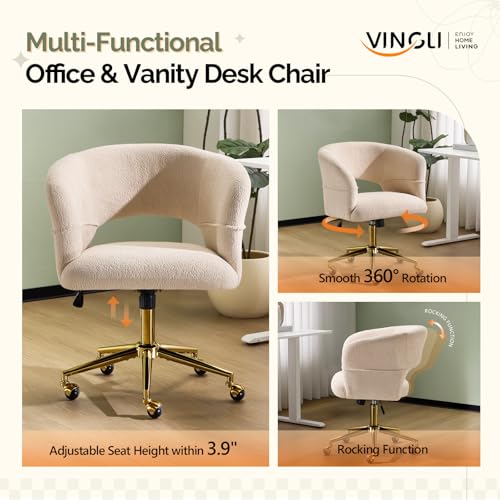 VINGLI Modern Curved Office & Vanity Desk Chair, Cute Upholstered Nail Chair with Wheels & 360° Swivel & Club & Tilting & Gold Base, for Living Room,Bedroom,Makeup, Velvet Chenille, Beige - color: Beige