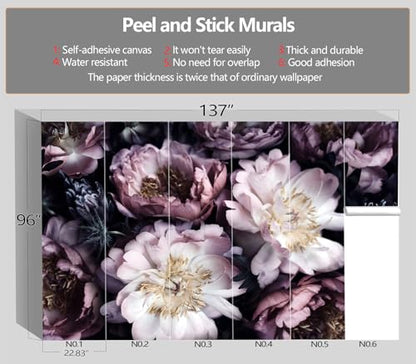 XMPMBM-Peel and Stick Purple Peony Floral Wallpaper Black Flower wall Mural | Thick and tear-resistant,Will not be damaged during repositioning,Living Room Bathroom,Bedroom wallpaper.L-137"X96" - color: M03, size: 137"x96"