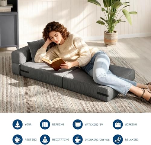 73" Folding Sofa Bed Sleeper Chair, Convertible Futon Couch with Pillow, Single Size Foldable Mattress for Living Room, Dorm, Apartment & Home Office, Modern Linen Fabric,Small