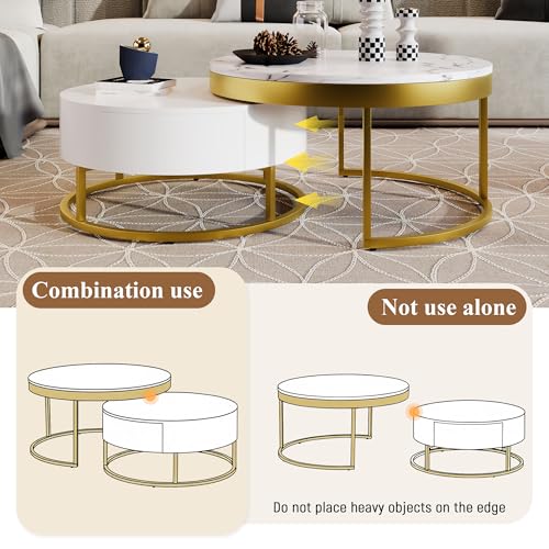 Modern Round Nesting Coffee Table with Drawers for Living Room in White - color: Golden+white