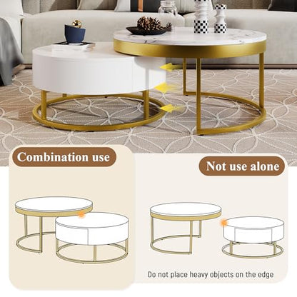 Modern Round Nesting Coffee Table with Drawers for Living Room in White - color: Golden+white