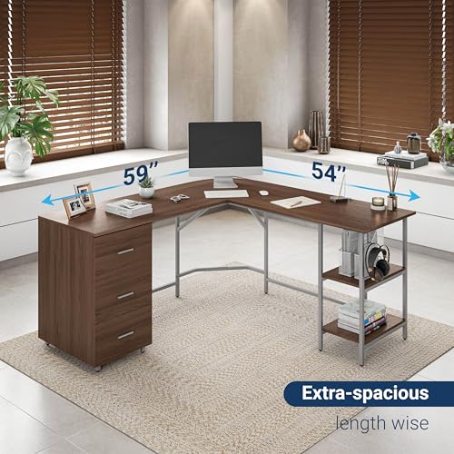 Techni Mobili L Shaped Desk - Two-Toned Computer Desks for Home Office with Storage Shelves & Cabinet - Simple Modern Furniture & Office Space Corner Table for Work & Writing - Grey & Walnut | 59" two‑tone L‑shaped desk with storage shelves, durable frame