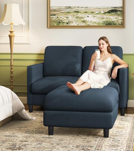 Welzona Loveseat Sofa with Ottoman, 51" Small L Shaped Teddy Couch Sofa | Comfy Teddy Fabric, Tool-free Setup, Washable Covers, All-wood Couch Sets for Living Room, Bedroom, Small Spaces, Blue Grey - color: Blue Grey, size: loveseat & ottoman