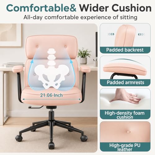 Ergonomic Home Office Desk Chair, PU Leather Computer Chair with Lumbar Support, Adjustable Height, 360° Swivel Rolling Wheels, Executive Task Chair for Office, Gaming, Meeting Room, Pink - color: Pink-standard Mid Back